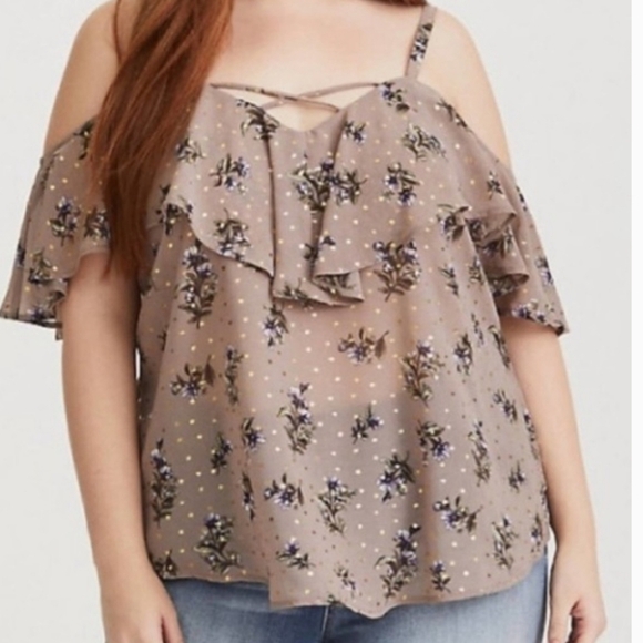 Torrid Fairycore Romantic Date size 1 metallic dot cold shoulder floral top - Picture 1 of 9